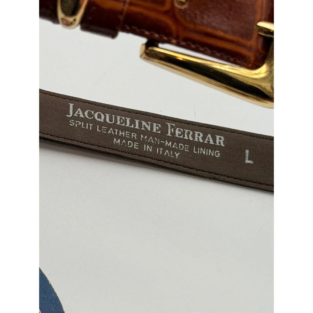 Jacqueline Ferrar Brown Croc Embossed Leather Belt Gold Buckle Made in Italy L